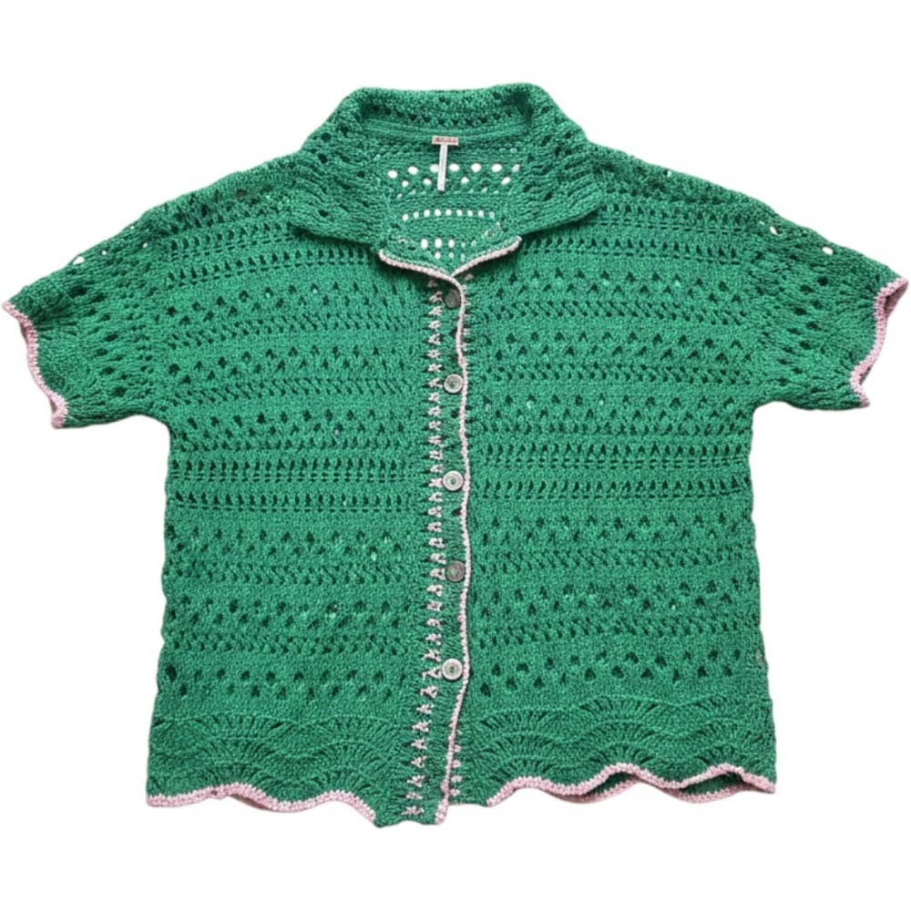 Free People Green Crochet Knit Button Down Short Sleeve Top Pink Trim Medium